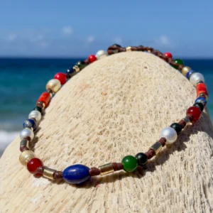 Dark multicolored pearl and gemstone choker, still-life view