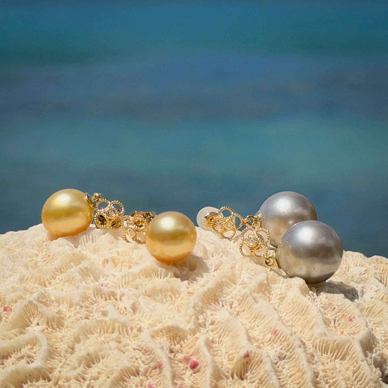 Gold Flower earrings with diamonds and a choice of pearls, still-life view