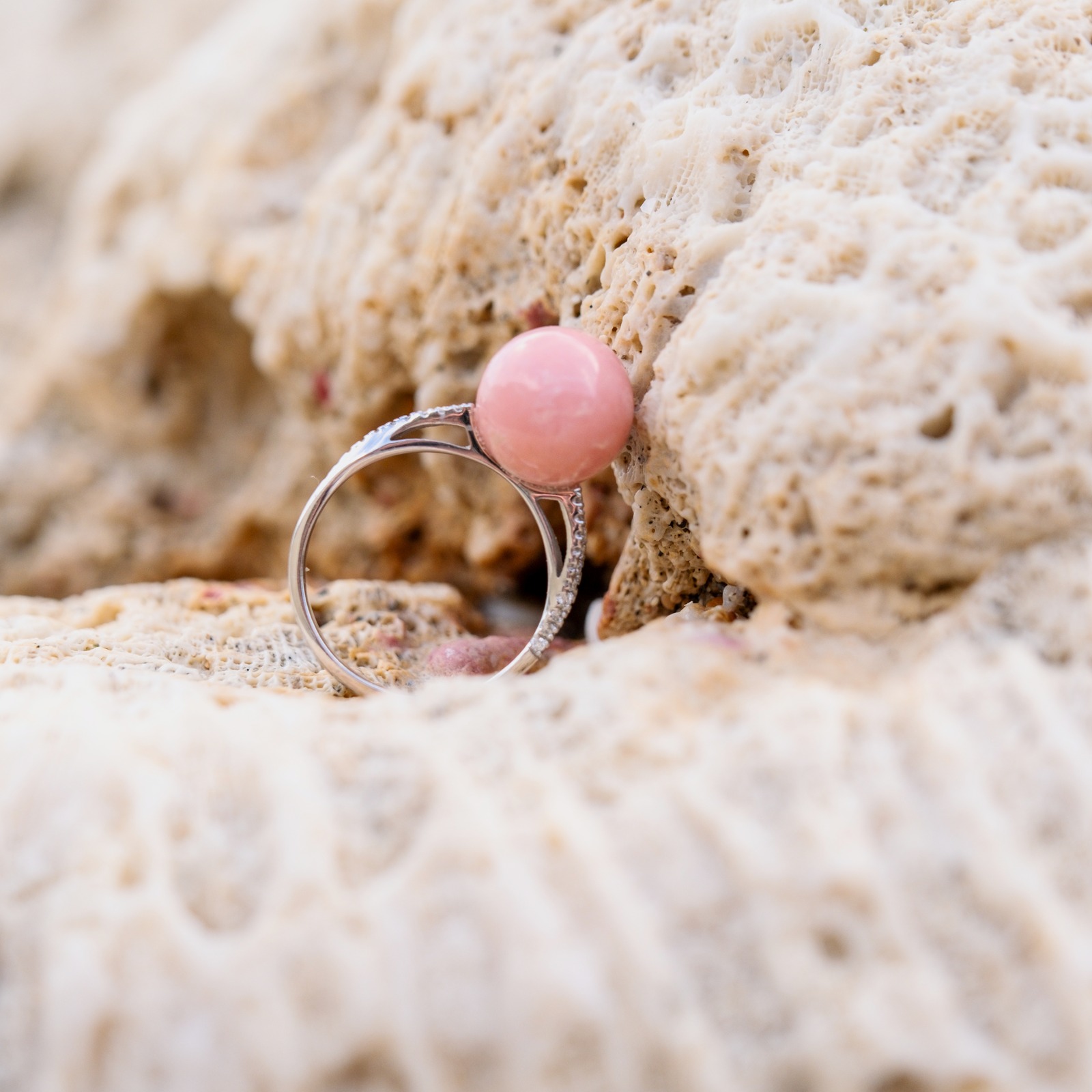 Bague en or blanc, perle de lambis rose et diamants, bijou posé sur un fond naturel